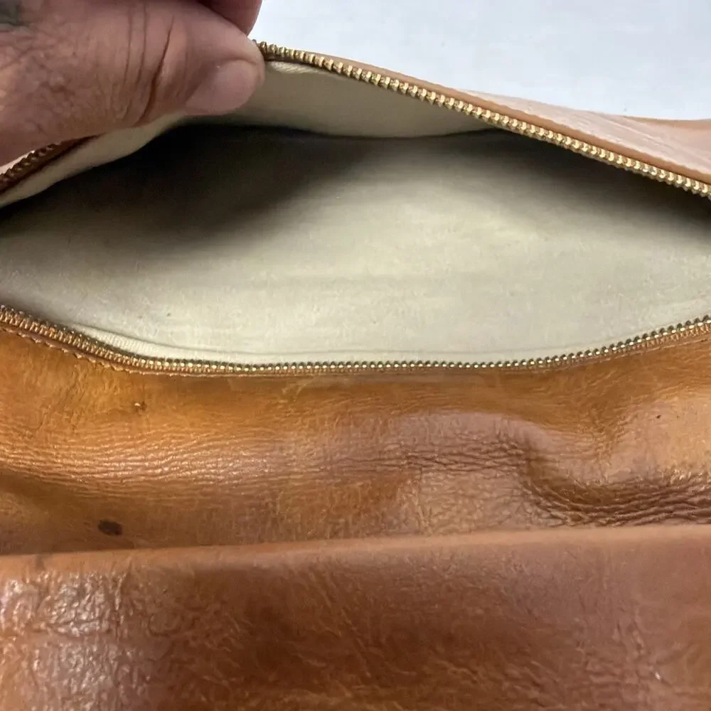 Tory Burch Reva Clutch Bag Cognac Bombe Leather Gold Chain Shoulder Purse
